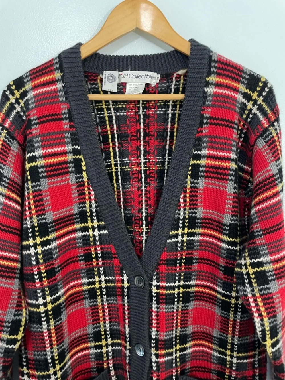 Vintage Wool Red Plaid Button-Up Cardigan with charcoal Trim M